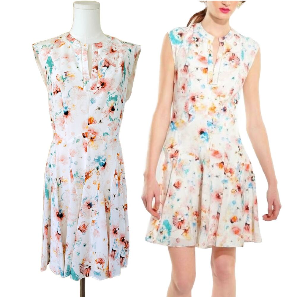 REBECCA TAYLOR Cream Floral Poppy Silk Mini Dress Size 6 Summer Wedding Guest